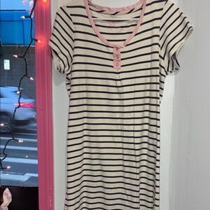 L.L. Bean Cream and Navy Striped Short Sleeve Henley with Pink Trim